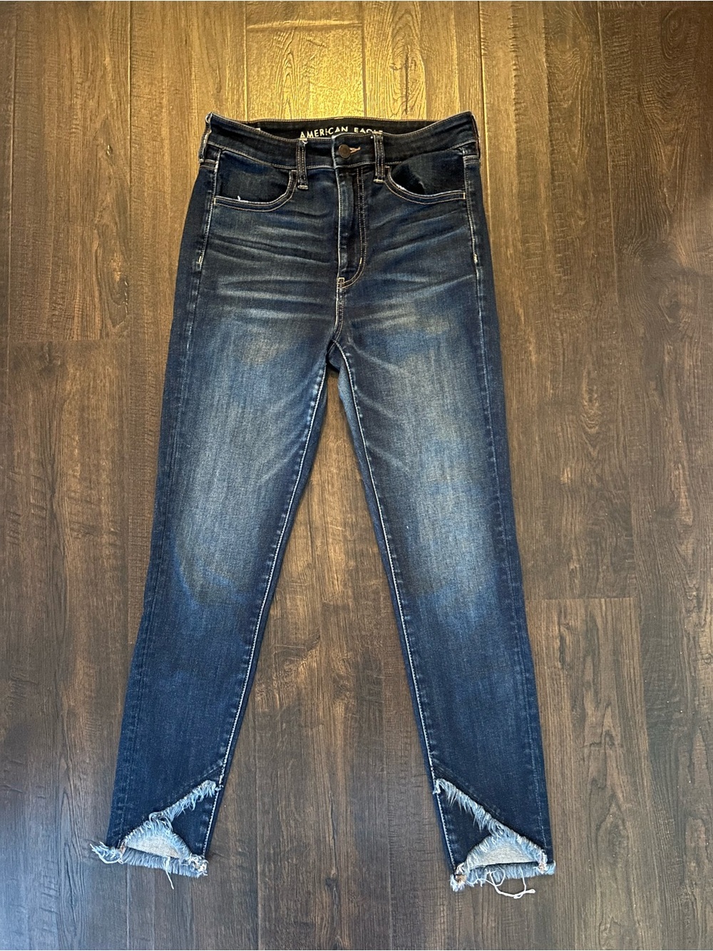 American Eagle Outfitters Dark Indigo High-Rise Skinny Jeans with Frayed Ankle
